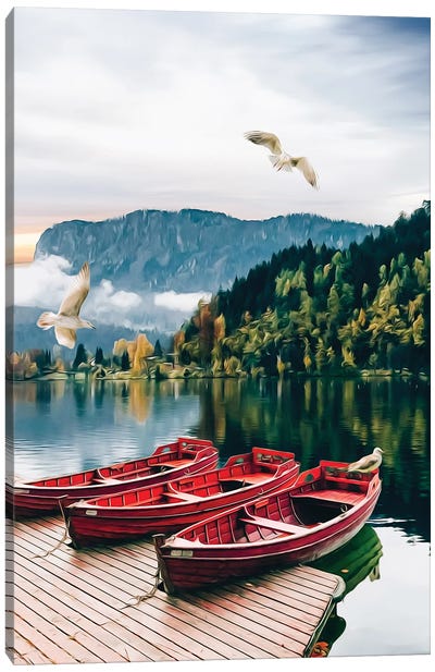 A Wooden Boat At The Pier Against The Backdrop Of A Wild Lake Canvas Art Print - Canoe Art