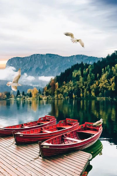 Ievgeniia Bidiuk: A Wooden Boat At The Pier Against The Backdrop Of A Wild Lake by Ievgeniia Bidiuk