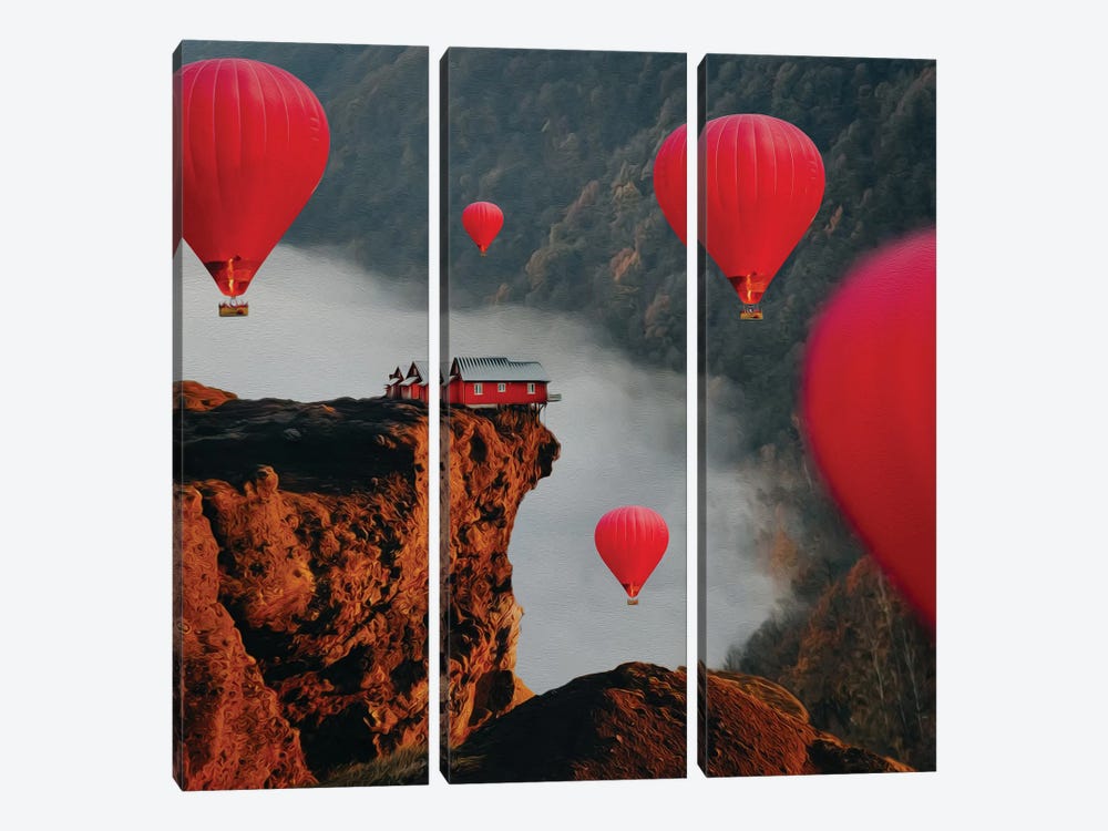 Red Balloons Over A Chasm In The Mountains by Ievgeniia Bidiuk 3-piece Canvas Art