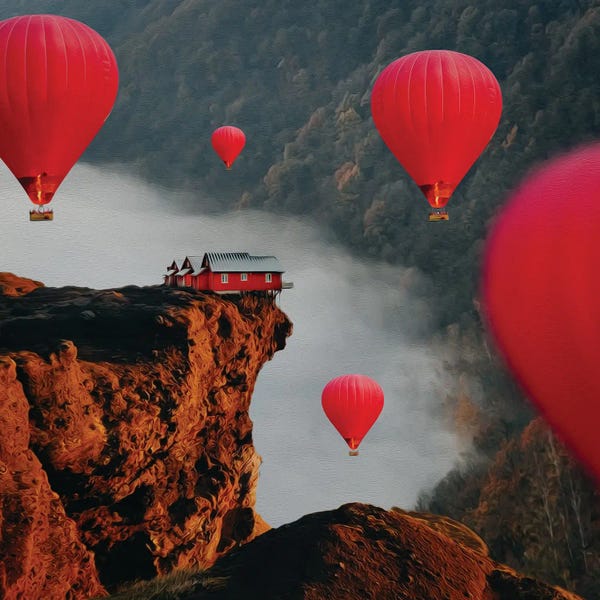 Ievgeniia Bidiuk: Red Balloons Over A Chasm In The Mountains by Ievgeniia Bidiuk