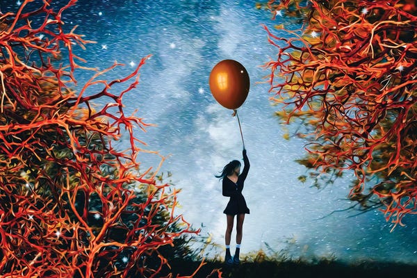 Ievgeniia Bidiuk: A Girl With A Balloon In A Fairy-Tale Forest by Ievgeniia Bidiuk