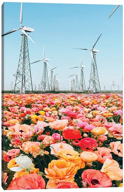 Blooming Ranunculi In Front Of A Wind Farm Canvas Art Print - Watermill & Windmill Art