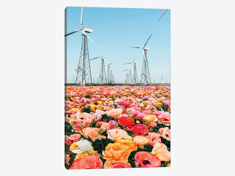 Blooming Ranunculi In Front Of A Wind Farm by Ievgeniia Bidiuk 1-piece Art Print