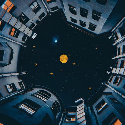 The Night Sky Above Houses by Ievgeniia Bidiuk framed wall art