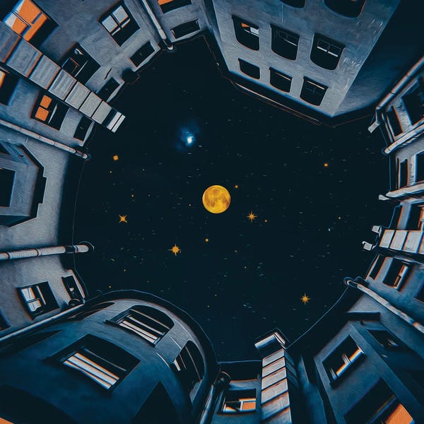 Ievgeniia Bidiuk: The Night Sky Above Houses by Ievgeniia Bidiuk