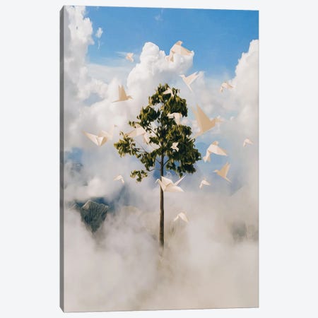 Tree Growing In The Clouds Surrounded By Paper Birds Canvas Print #IVG504} by Ievgeniia Bidiuk Canvas Artwork
