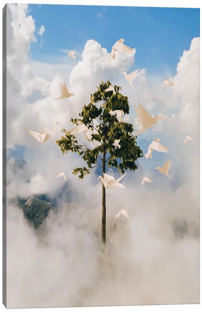 Tree Growing In The Clouds Surrounded By Paper Birds Canvas Art Print - The Art of Origami