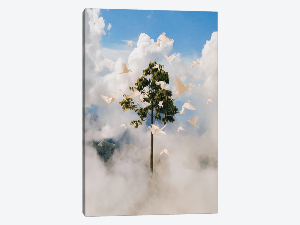 Tree Growing In The Clouds Surrounded By Paper Birds by Ievgeniia Bidiuk 1-piece Canvas Artwork