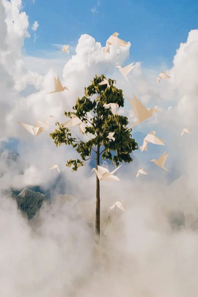 Ievgeniia Bidiuk: Tree Growing In The Clouds Surrounded By Paper Birds by Ievgeniia Bidiuk