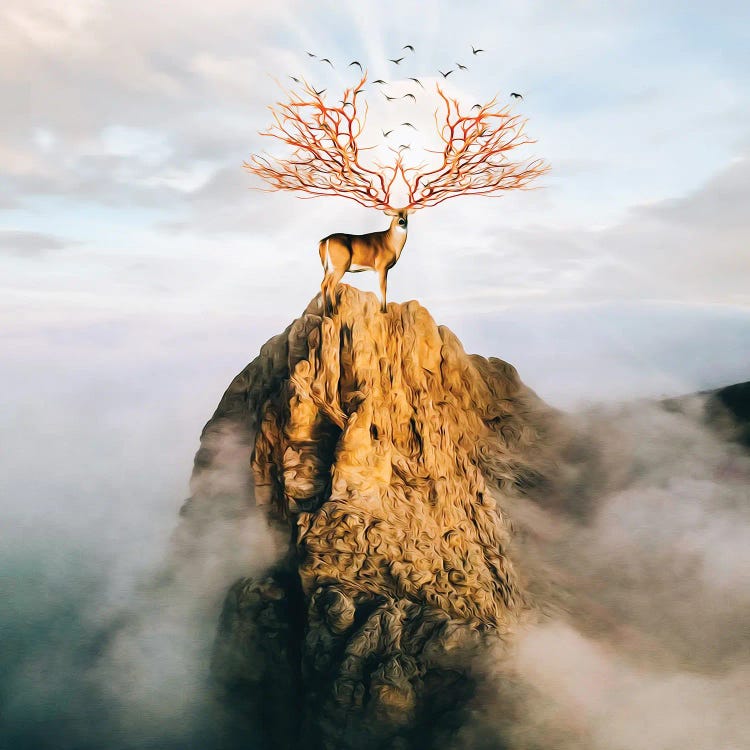 A Deer With Golden Antlers On Top Of A Mountain