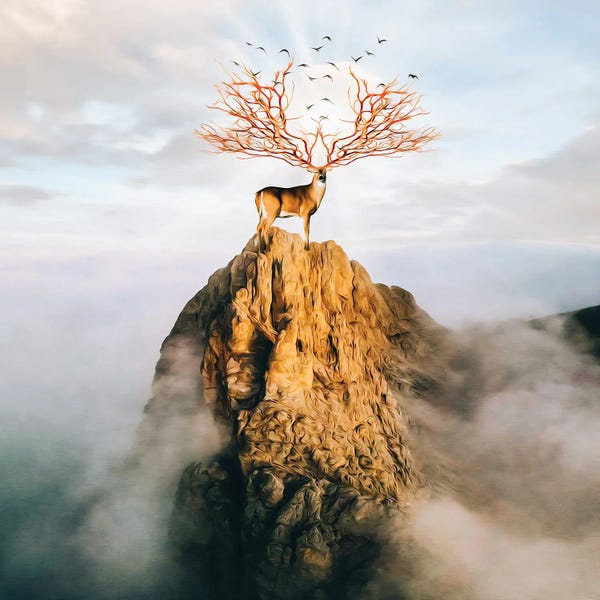 Ievgeniia Bidiuk: A Deer With Golden Antlers On Top Of A Mountain by Ievgeniia Bidiuk
