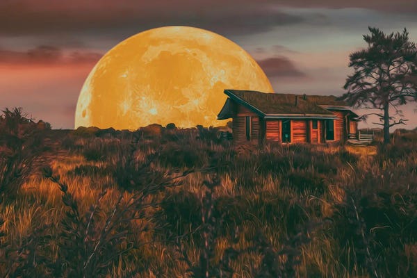 Ievgeniia Bidiuk: The Big Moon Is Behind The House In The Meadow by Ievgeniia Bidiuk