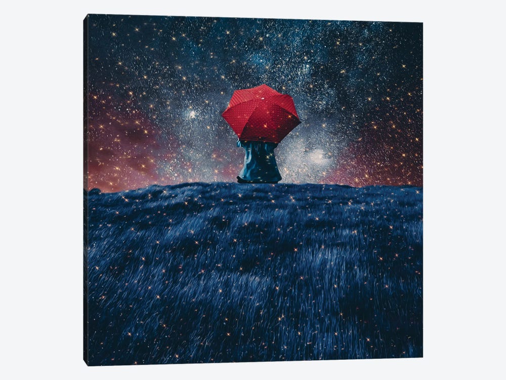 A Man With An Umbrella Sits On The Edge Of A Cliff On A Starry Night by Ievgeniia Bidiuk 1-piece Canvas Wall Art