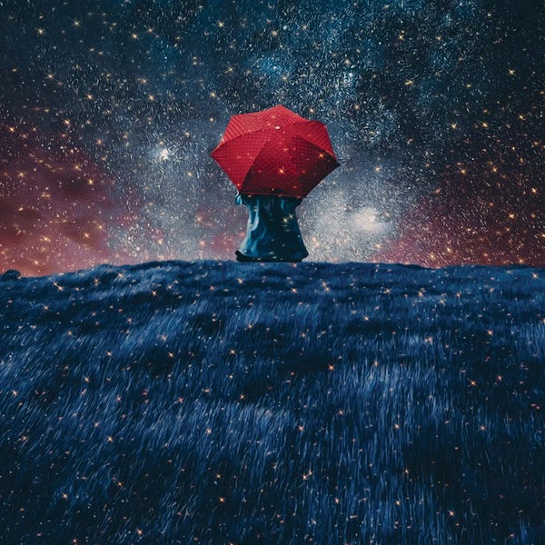 Ievgeniia Bidiuk: A Man With An Umbrella Sits On The Edge Of A Cliff On A Starry Night by Ievgeniia Bidiuk