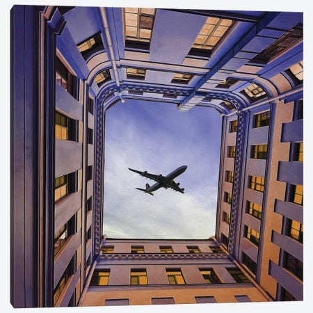 A Plane Flying Over The Roofs Of Houses Canvas Print #IVG510} by Ievgeniia Bidiuk Canvas Art