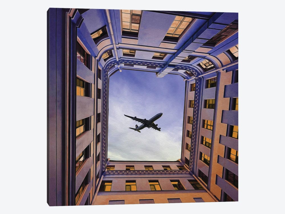 A Plane Flying Over The Roofs Of Houses by Ievgeniia Bidiuk 1-piece Canvas Print