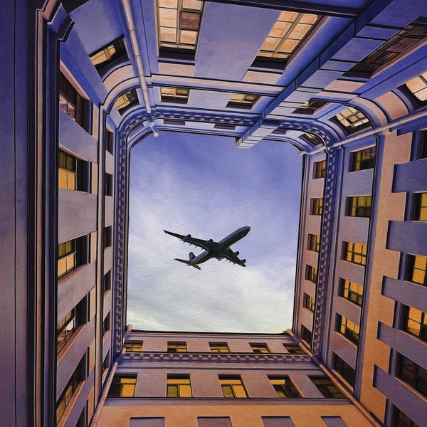 Ievgeniia Bidiuk: A Plane Flying Over The Roofs Of Houses by Ievgeniia Bidiuk