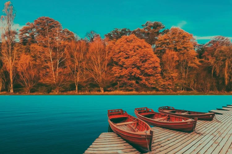 Wooden Boats At The Pier On The Background Of The Autumn Forest