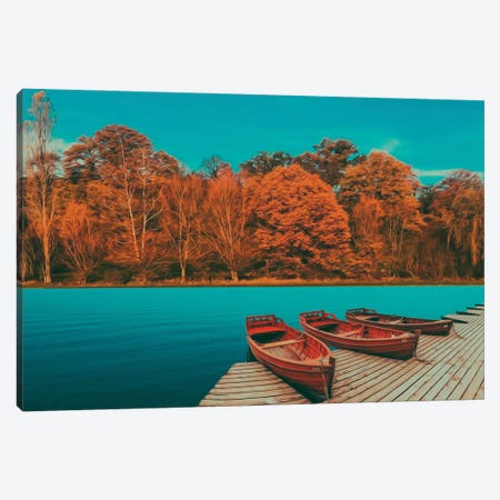 Wooden Boats At The Pier On The Background Of The Autumn Forest Canvas Print #IVG512} by Ievgeniia Bidiuk Canvas Artwork