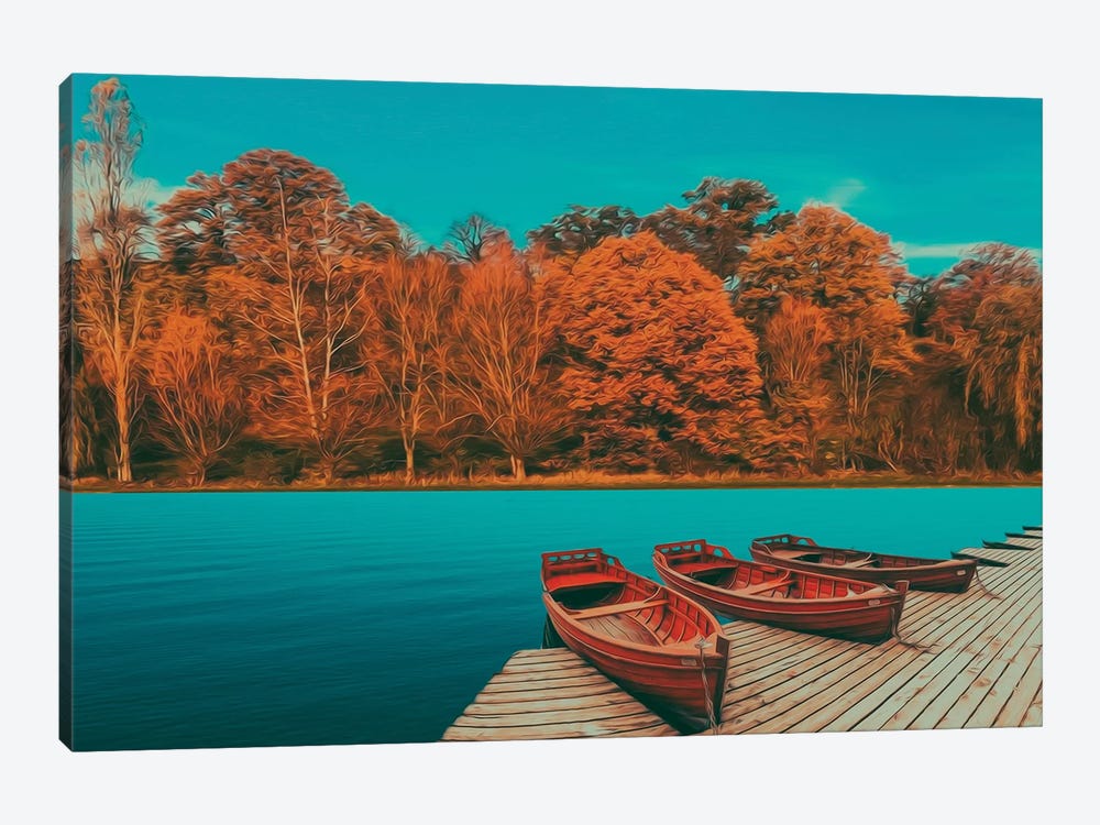 Wooden Boats At The Pier On The Background Of The Autumn Forest by Ievgeniia Bidiuk 1-piece Canvas Print