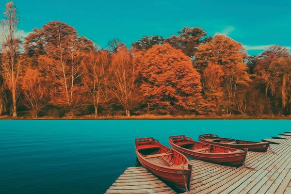 Ievgeniia Bidiuk: Wooden Boats At The Pier On The Background Of The Autumn Forest by Ievgeniia Bidiuk
