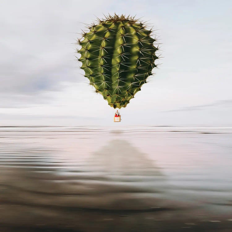 A Cactus-Shaped Balloon Flying Over The Sea