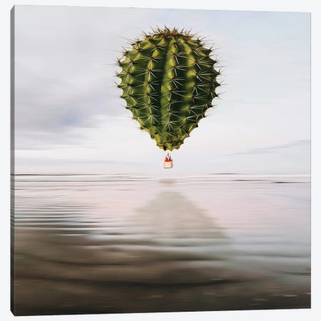 A Cactus-Shaped Balloon Flying Over The Sea Canvas Print #IVG513} by Ievgeniia Bidiuk Canvas Wall Art