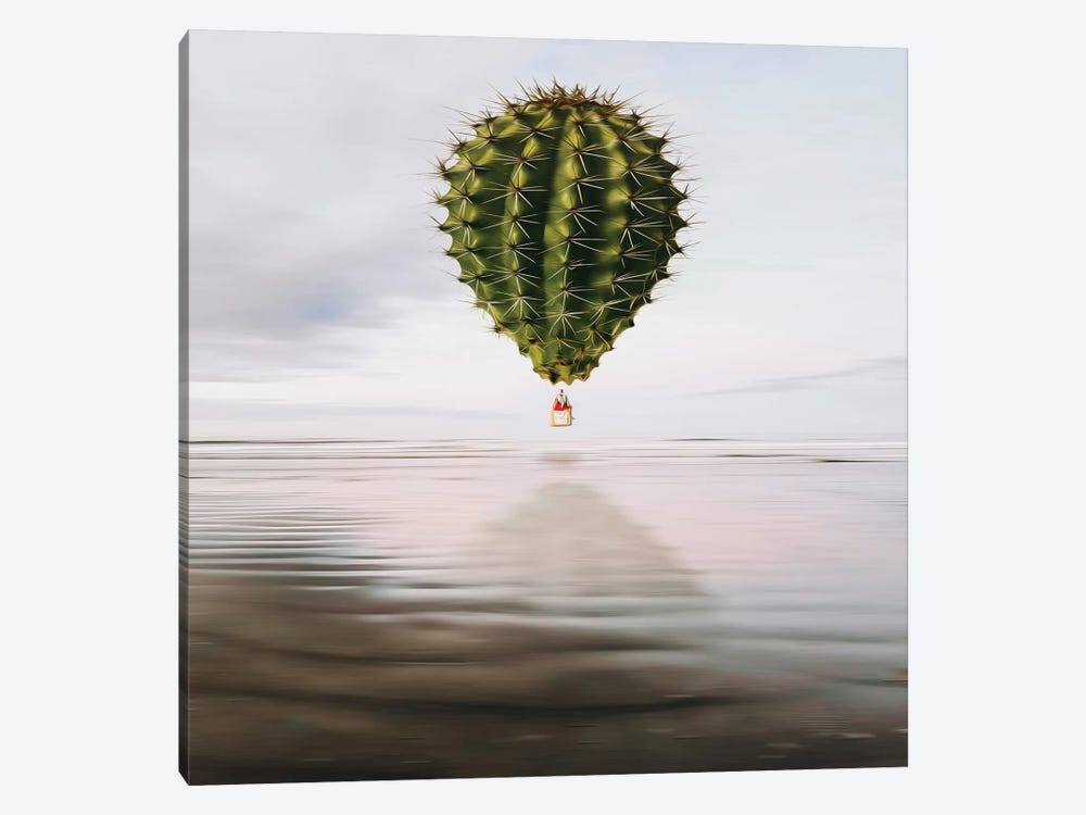 A Cactus-Shaped Balloon Flying Over The Sea by Ievgeniia Bidiuk 1-piece Canvas Wall Art