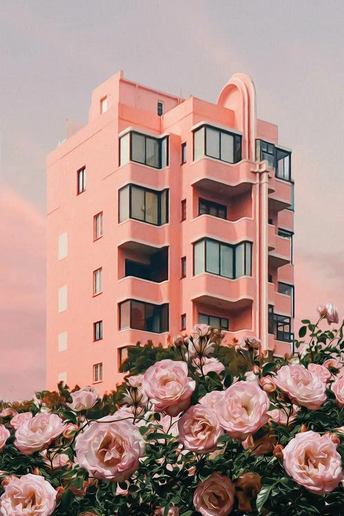 A Bush Of Pink Roses Against The Backdrop Of A Pink House