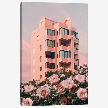 A Bush Of Pink Roses Against The Backdrop Of A Pink House Canvas Print #IVG515} by Ievgeniia Bidiuk Canvas Art Print