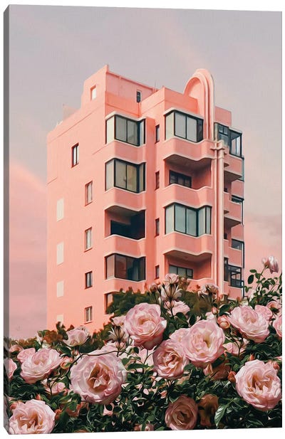 A Bush Of Pink Roses Against The Backdrop Of A Pink House Canvas Art Print - Sunset Shades