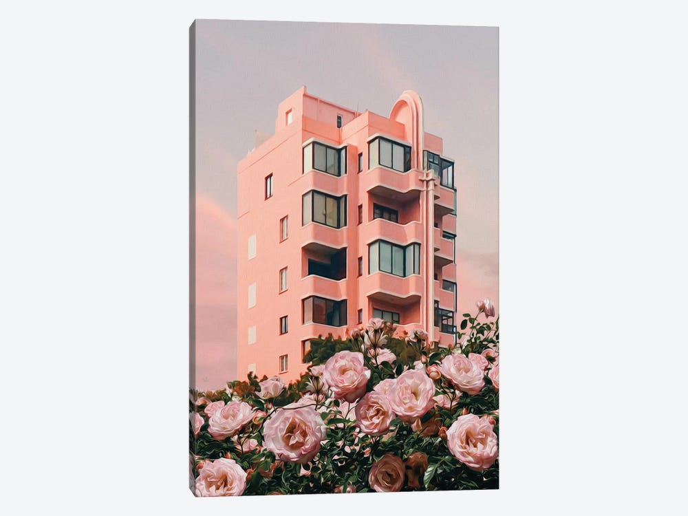 A Bush Of Pink Roses Against The Backdrop Of A Pink House by Ievgeniia Bidiuk 1-piece Canvas Artwork