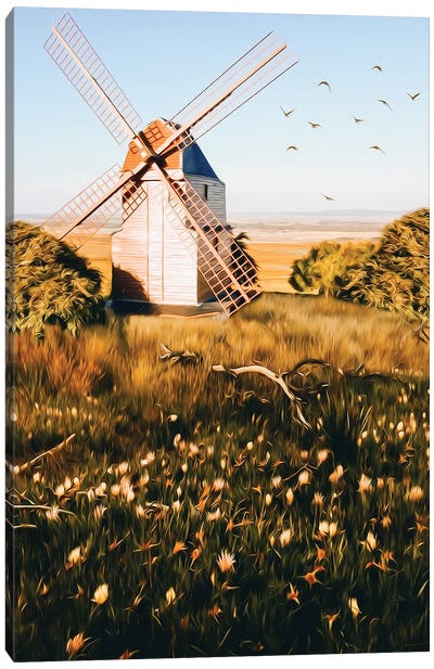 A Mill In A Flowering Meadow Canvas Art Print - Watermill & Windmill Art