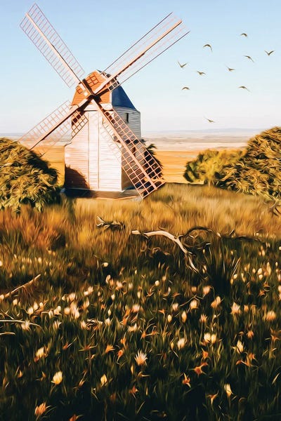 Ievgeniia Bidiuk: A Mill In A Flowering Meadow by Ievgeniia Bidiuk