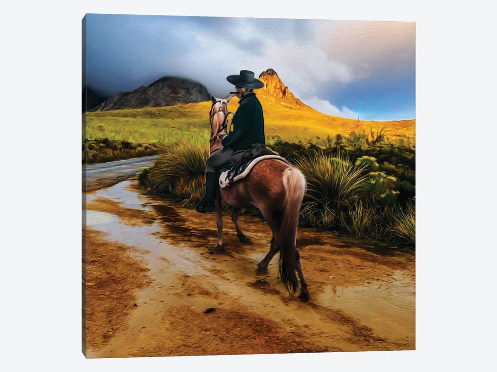 A Man On Horseback In The Texas Wilderness by Ievgeniia Bidiuk 1-piece Canvas Print
