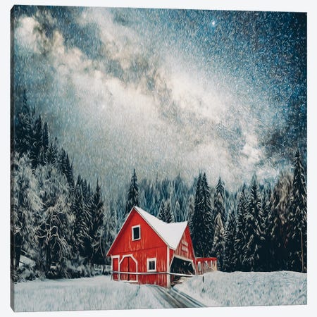 A Red Wooden House In A Snow-Covered Forest Canvas Print #IVG527} by Ievgeniia Bidiuk Canvas Art