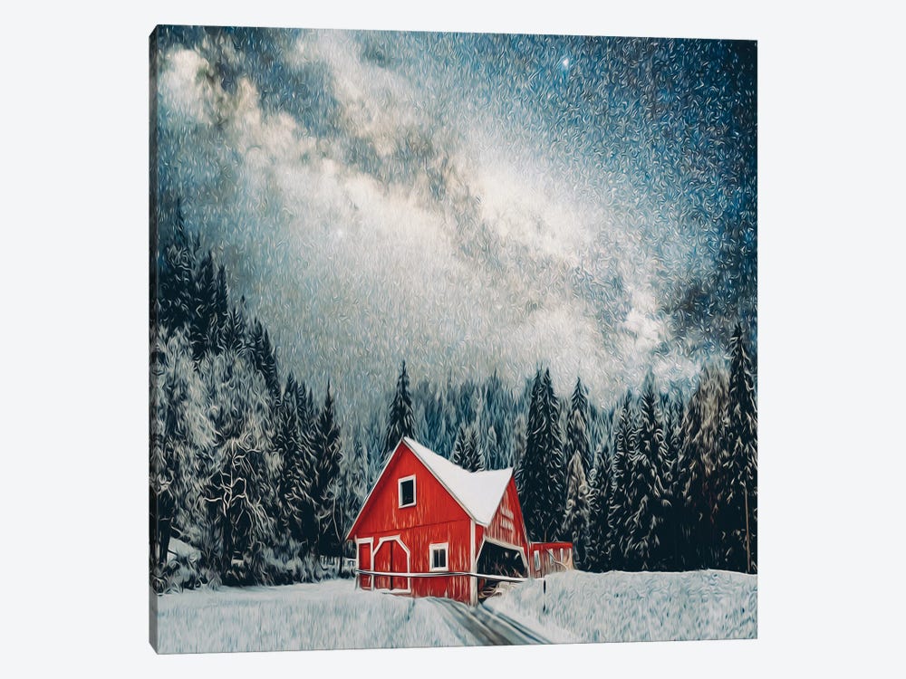 A Red Wooden House In A Snow-Covered Forest by Ievgeniia Bidiuk 1-piece Art Print