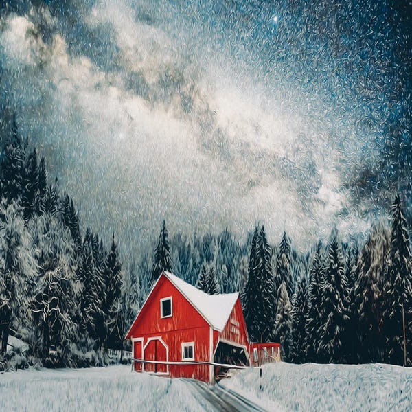 Ievgeniia Bidiuk: A Red Wooden House In A Snow-Covered Forest by Ievgeniia Bidiuk
