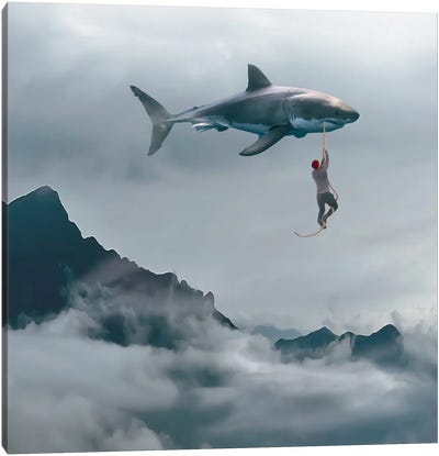 Man And Shark Canvas Art Print - Shark Art