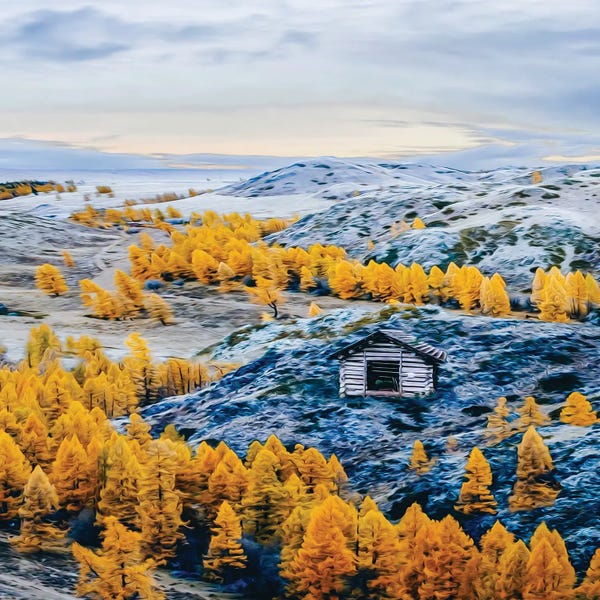 Ievgeniia Bidiuk: Autumn Forest On Snow-Covered Mountainsides by Ievgeniia Bidiuk