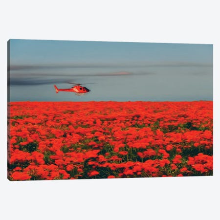 A Red Helicopter Flies Over A Poppy Field In Bloom Canvas Print #IVG533} by Ievgeniia Bidiuk Canvas Art