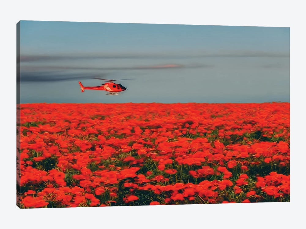 A Red Helicopter Flies Over A Poppy Field In Bloom by Ievgeniia Bidiuk 1-piece Canvas Art