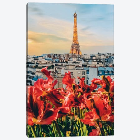 Red Tulips In The Background Of The Eiffel Tower Canvas Print #IVG536} by Ievgeniia Bidiuk Canvas Print