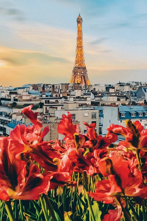 Red Tulips In The Background Of The Eiffel Tower