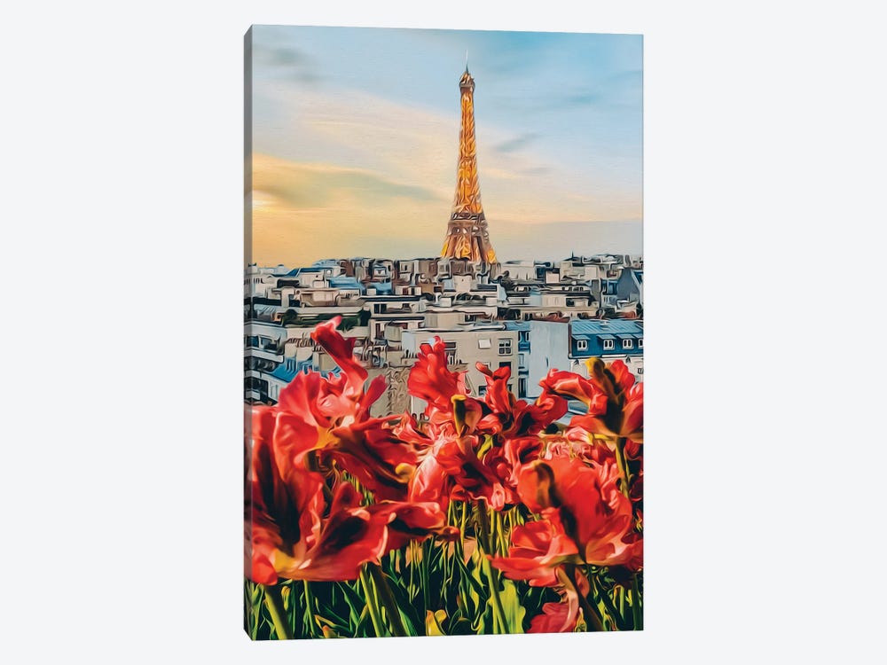 Red Tulips In The Background Of The Eiffel Tower by Ievgeniia Bidiuk 1-piece Canvas Print