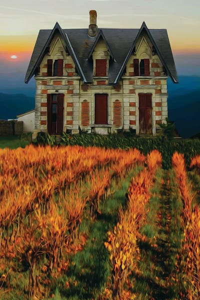 Ievgeniia Bidiuk: An Autumn Vineyard Near An Old Mansion by Ievgeniia Bidiuk