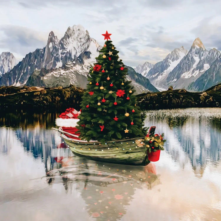 A Christmas Tree With Presents On A Boat