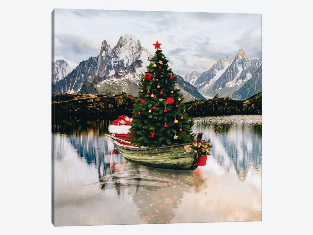 A Christmas Tree With Presents On A Boat by Ievgeniia Bidiuk 1-piece Canvas Artwork