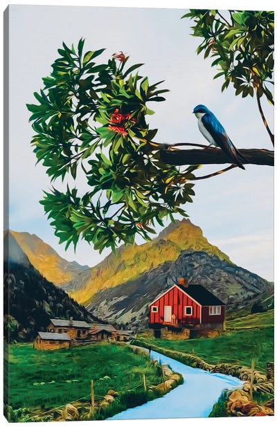 A Swallow On A Branch Canvas Art Print
