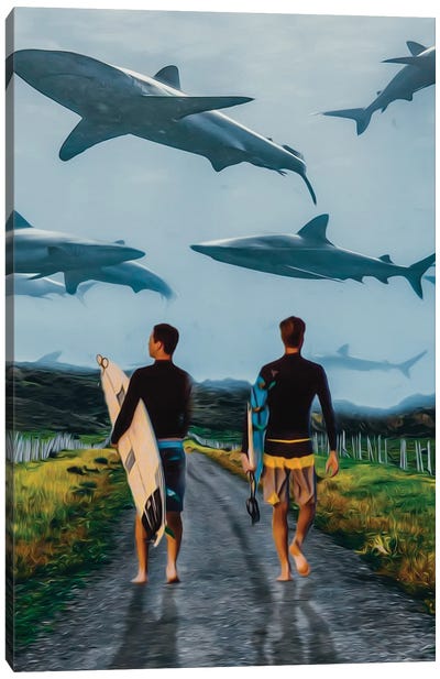 Surfers And Sharks Canvas Art Print - Shark Art